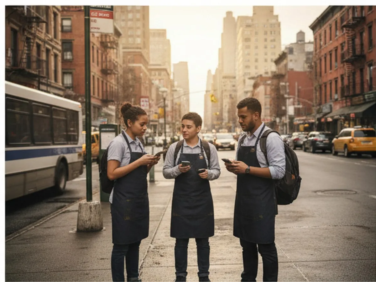 A photorealistic late-afternoon scene in Brooklyn with restaurant staff exiting a neighborhood block, one worker comparing hourly pay information on a smartphone while another waits for the bus, candid documentary style, city grit and movement.