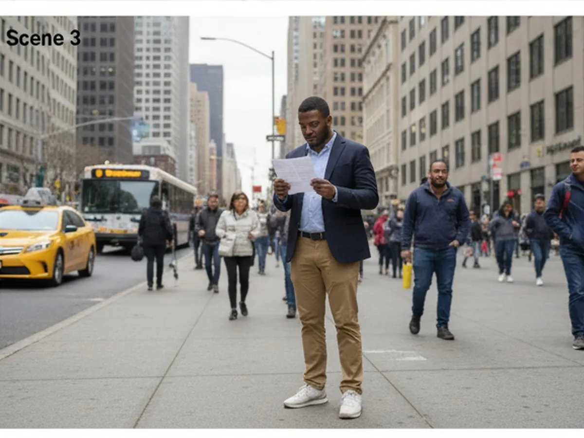 A photorealistic Manhattan sidewalk scene near a tower office district and transit hub, a worker in casual business attire reviewing a wage notice outdoors with taxis and pedestrians in soft focus, editorial realism, no logos or signage text.