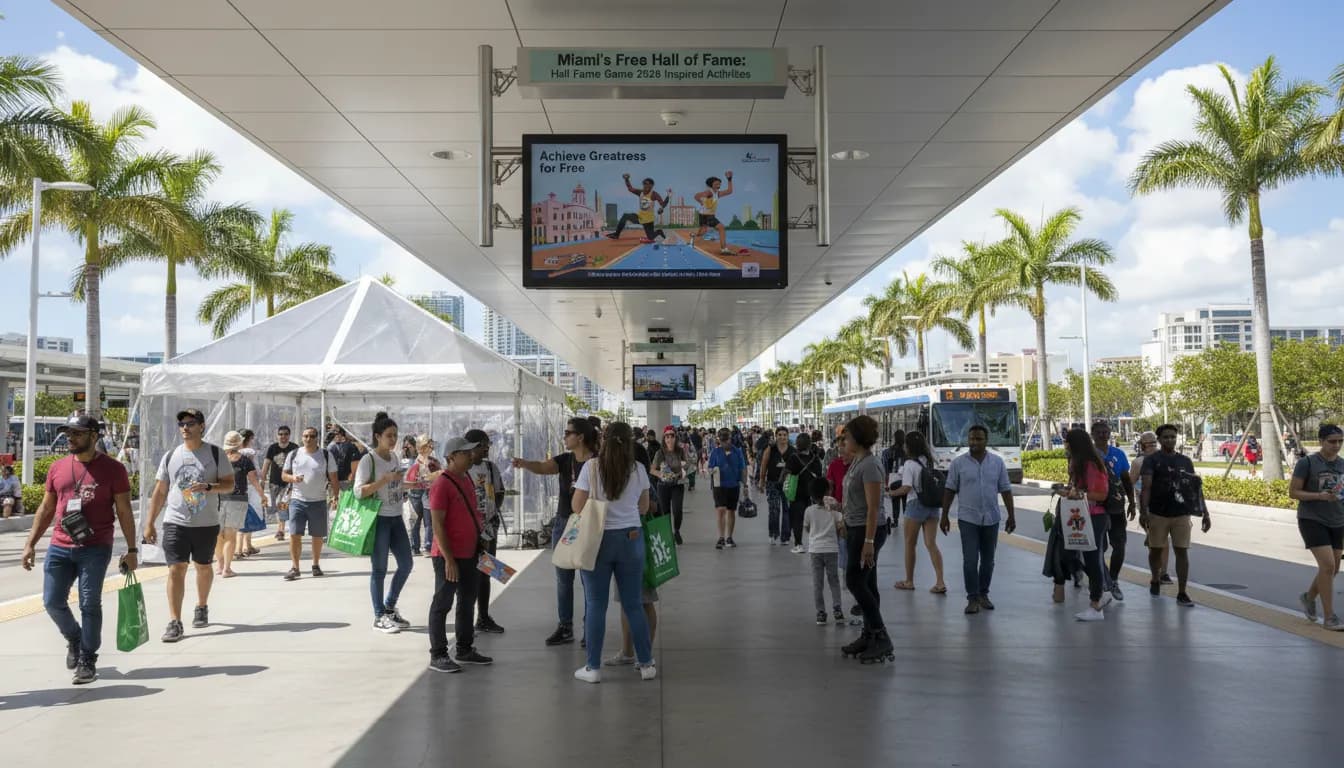 Miami's Free Hall of Fame: Hall of Fame Game 2026 Inspired Activities — photorealistic Miami editorial scene