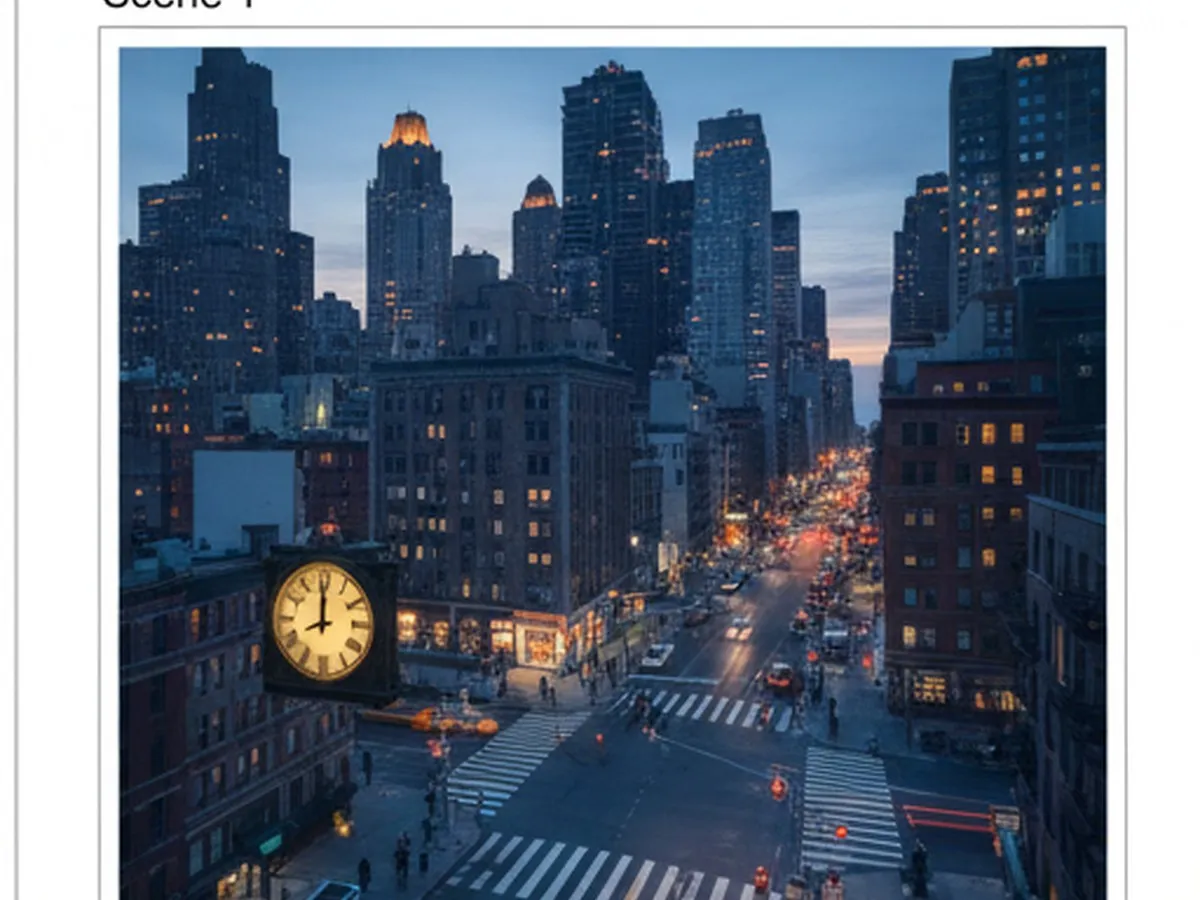 Blue‑hour aerial view of Manhattan with city lights glowing, analog street clocks and apartment windows hinting at an early morning time change, pedestrians in coats crossing a Midtown intersection under traffic lights, photorealistic and moody but not cinematic.