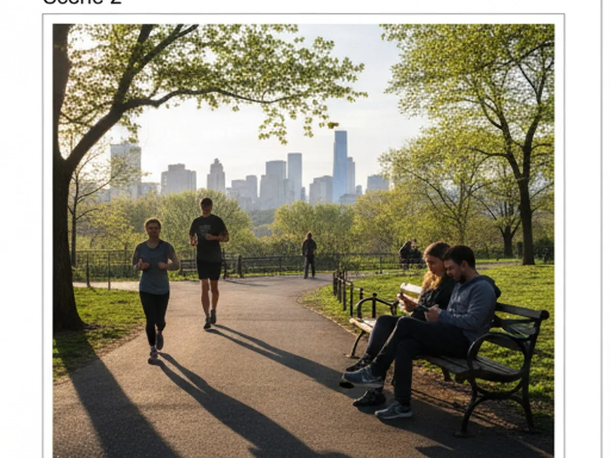 Early spring daytime scene in Prospect Park, Brooklyn, with joggers on a sunlit path, long shadows suggesting newly extended evening light, a couple checking their phone by a bench, and the skyline faintly in the background, photorealistic.