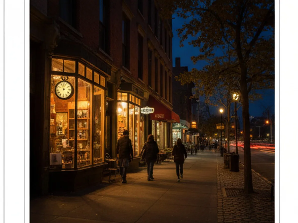 Autumn evening street in the East Village with warm shopfront lighting, people in light jackets leaving a café, a visible wall clock through a window showing just after 5 p.m., and the sky already dark to suggest the fall time change, photorealistic.