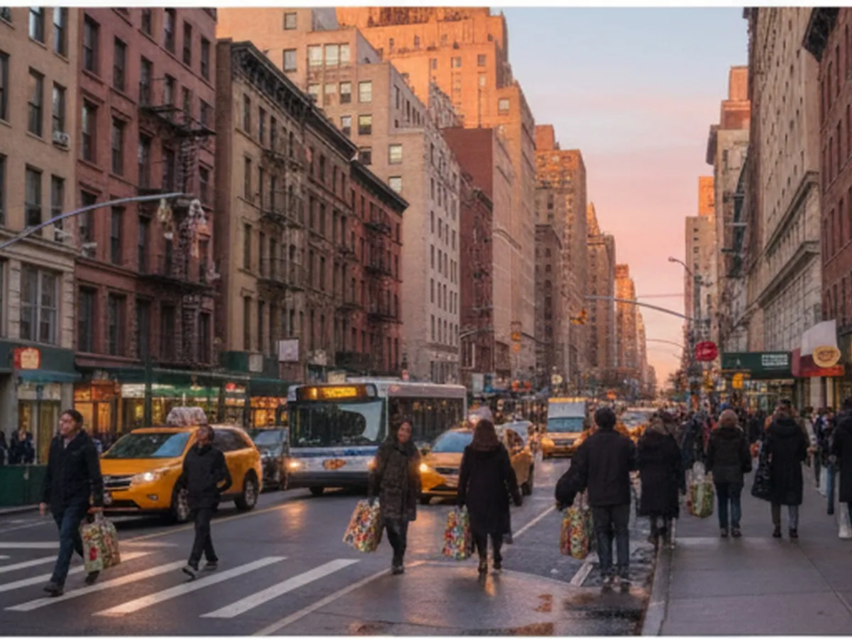 Golden-hour street view of a busy Manhattan Trader Joe’s entrance, with New Yorkers carrying reusable grocery bags, yellow cabs and an MTA bus passing in front, and brownstone and mid-rise buildings framing the scene.