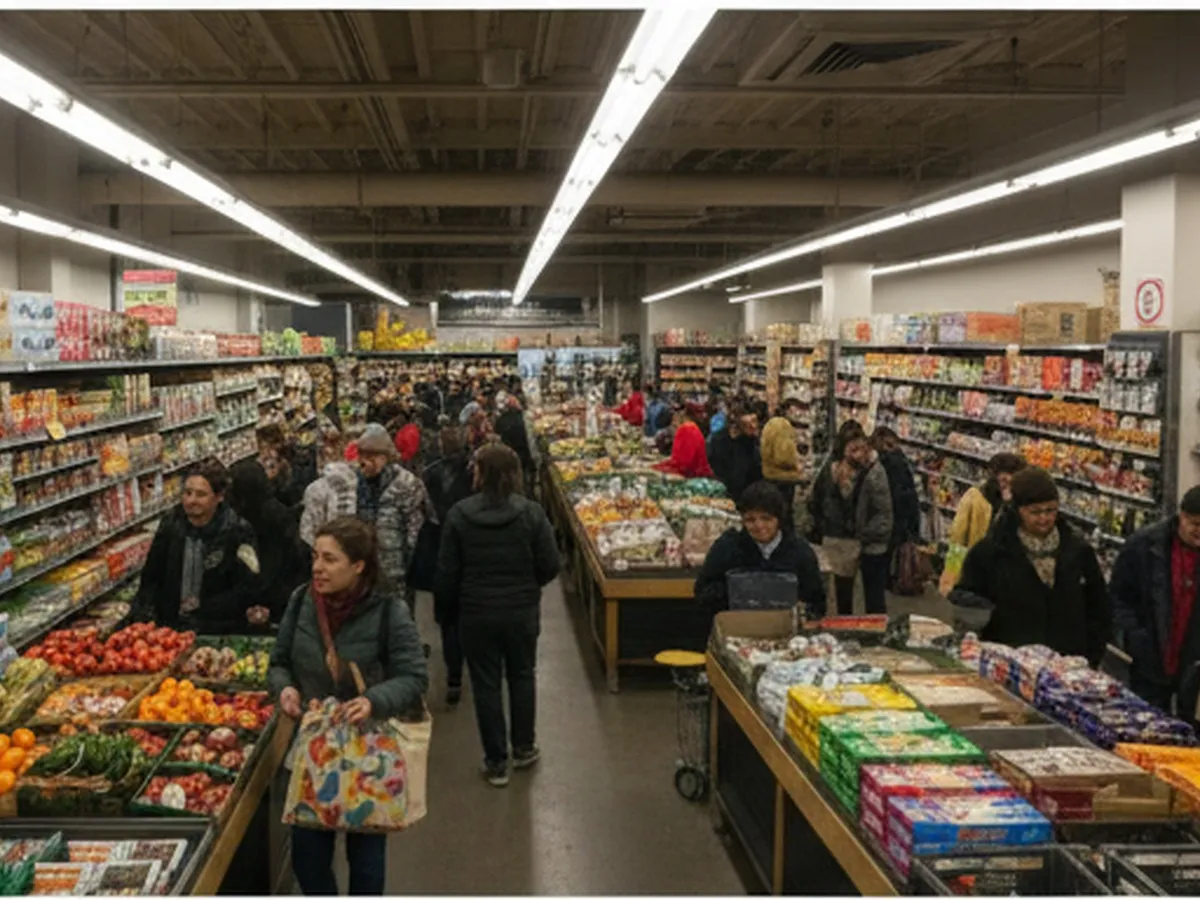 Interior of a crowded Trader Joe’s in NYC, with diverse shoppers in winter coats navigating narrow aisles of colorful produce and frozen foods, overhead fluorescent lighting, and a glimpse of the checkout line wrapping toward the back.