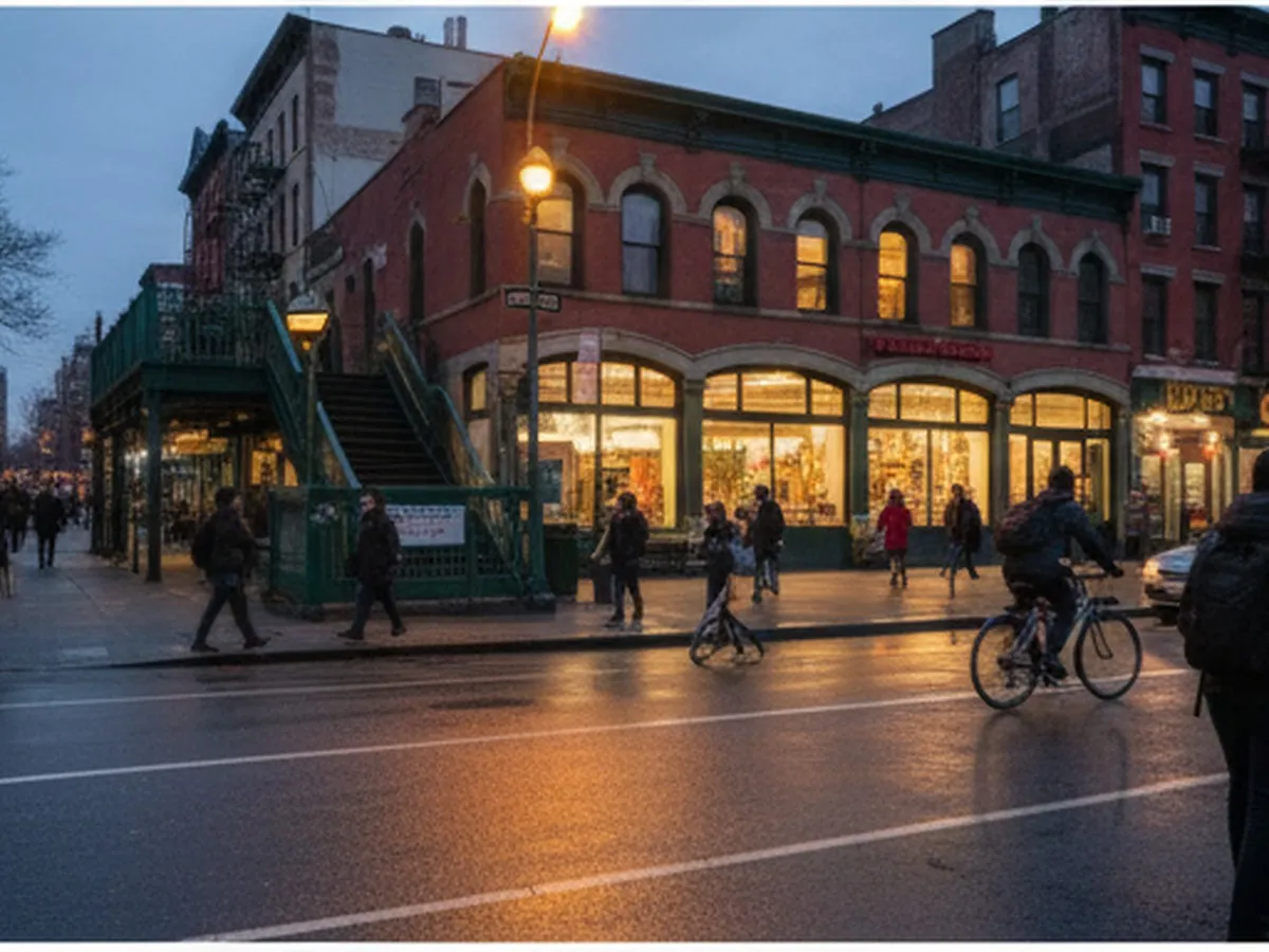 Evening exterior of a Brooklyn Trader Joe’s near a subway entrance, with people emerging from the station, cyclists passing by, and the warm glow from the store windows contrasting with the city streetlights and surrounding apartment buildings.