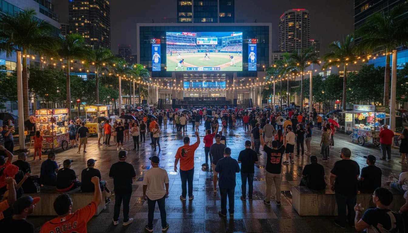 Free Miami Outings: Orioles vs Rangers Energy in Public Spaces — photorealistic Miami editorial scene