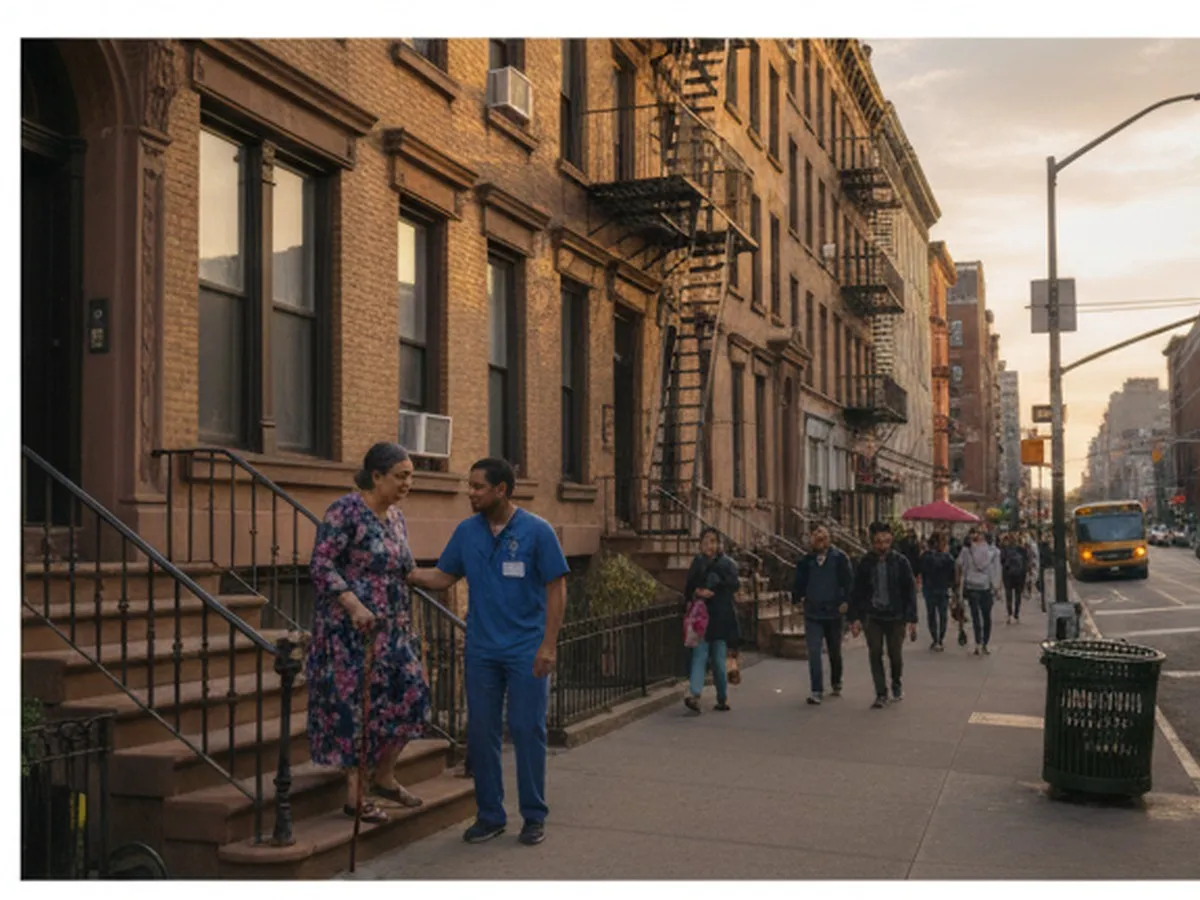 Early-evening street scene outside a prewar apartment building in Astoria, Queens, with a home health aide helping an older resident up the brownstone steps while traffic and pedestrians move along a sunlit avenue in the background.