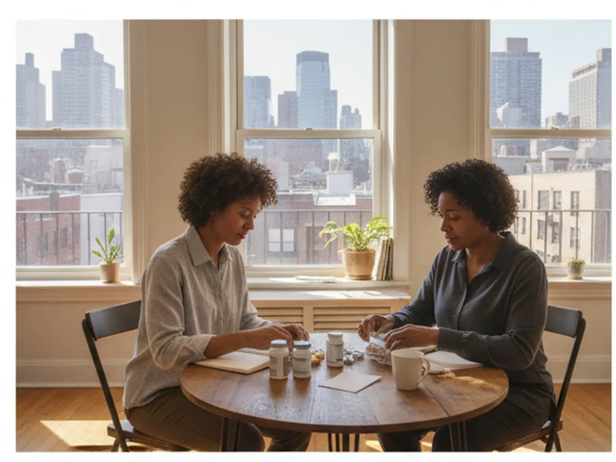 Bright daytime interior of a tidy Brooklyn walk-up living room, with a young adult New Yorker and a caregiver organizing medications and a weekly care schedule at a small table, sunlight streaming through fire-escape windows and city rooftops visible outside.