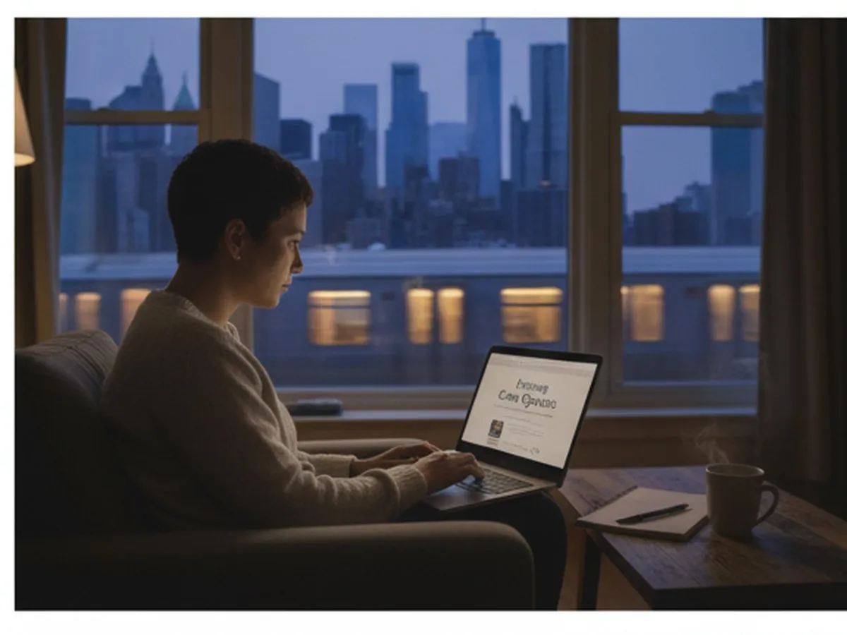 Cozy Manhattan studio apartment at dusk, with a person using a laptop to review home care options and a notepad on the coffee table, subway lights glowing through the window and the silhouette of nearby high-rises framing the urban skyline.