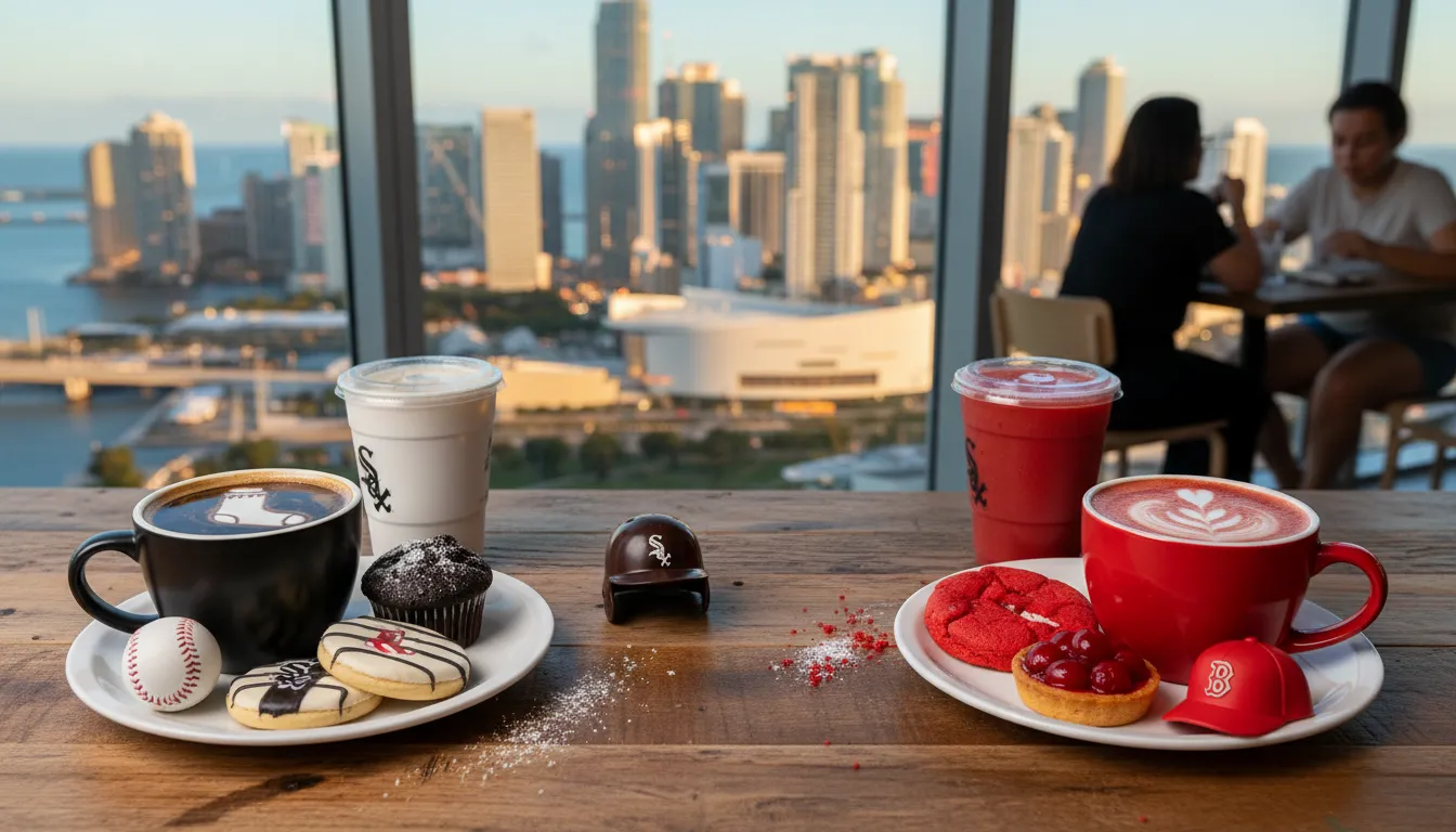 Miami Sweet Spots: White Sox vs Red Sox Themed Coffee & Dessert Route — photorealistic Miami editorial scene
