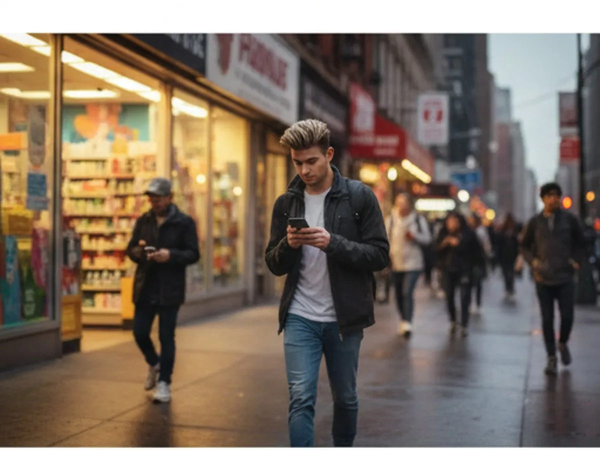 Photorealistic NYC street scene outside a busy neighborhood pharmacy at dusk, a young adult checking a phone while walking past glowing storefronts, yellow taxis and pedestrians in soft motion blur, editorial lifestyle style, no readable signage.