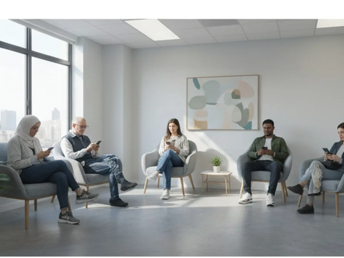 Photorealistic interior of a modern reproductive health clinic waiting area in Manhattan, diverse adults seated quietly with phones in hand, bright natural light, calm and discreet atmosphere, realistic documentary photography.