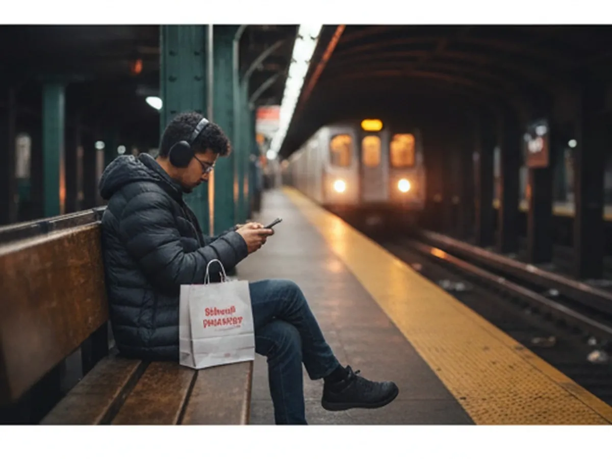 Photorealistic subway platform in New York City with a rider reviewing a map app and holding a small pharmacy bag, an arriving train in the background, urban evening lighting, candid editorial composition.
