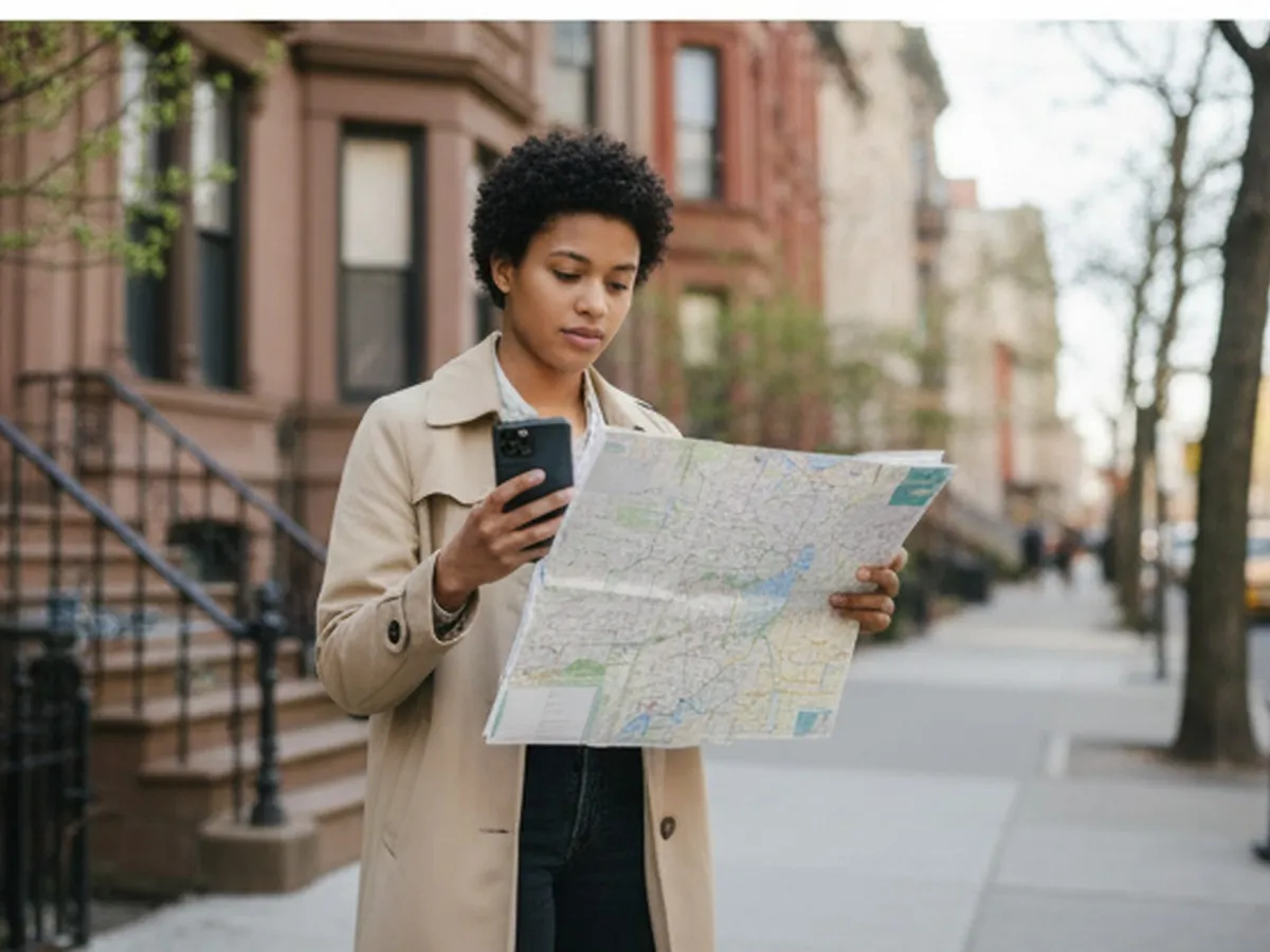Photorealistic NYC editorial cover image: a young adult on a Manhattan sidewalk in daylight comparing a smartphone property-record search with a folded neighborhood map, brownstone facades and street trees in soft focus, candid documentary style, no visible text.