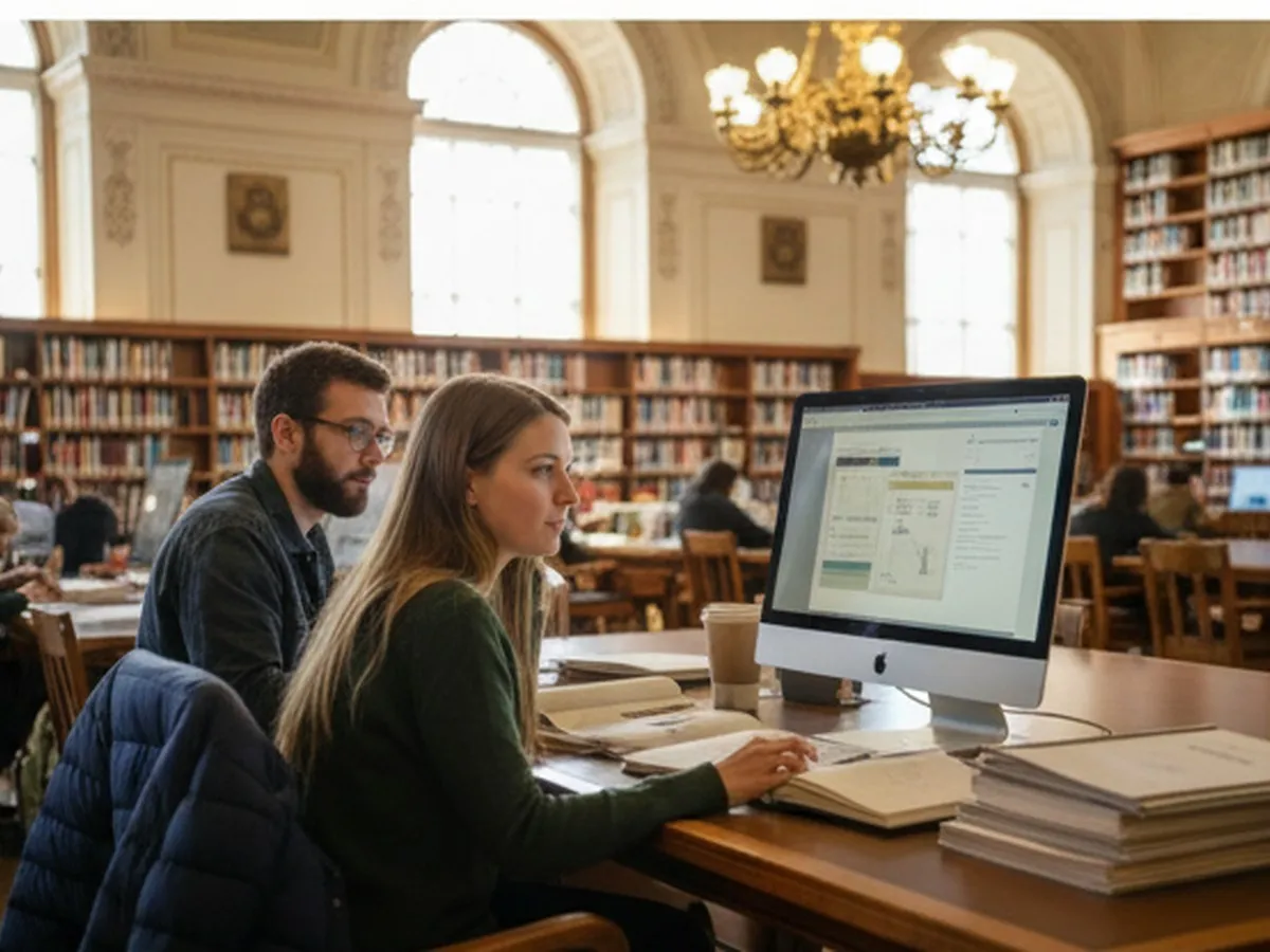 Photorealistic NYC editorial scene: two friends at a public library computer terminal in Queens reviewing property documents on screen, with winter coats draped over chairs and natural window light, realistic civic interior, no logos or readable text.