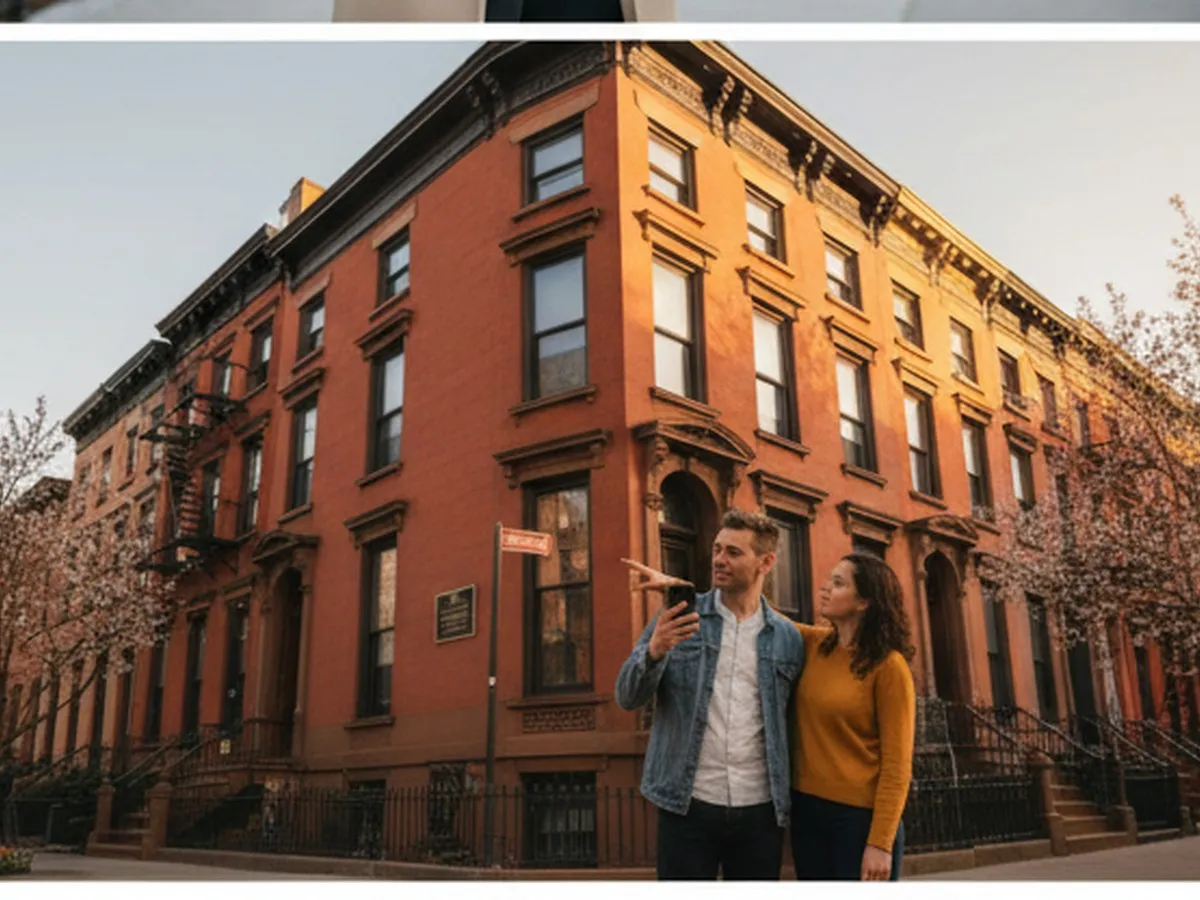 Photorealistic NYC editorial scene: a couple standing outside a Brooklyn rowhouse at golden hour, one person holding a phone while the other points toward building details and block numbers, calm neighborhood atmosphere, no signage emphasis or readable text.
