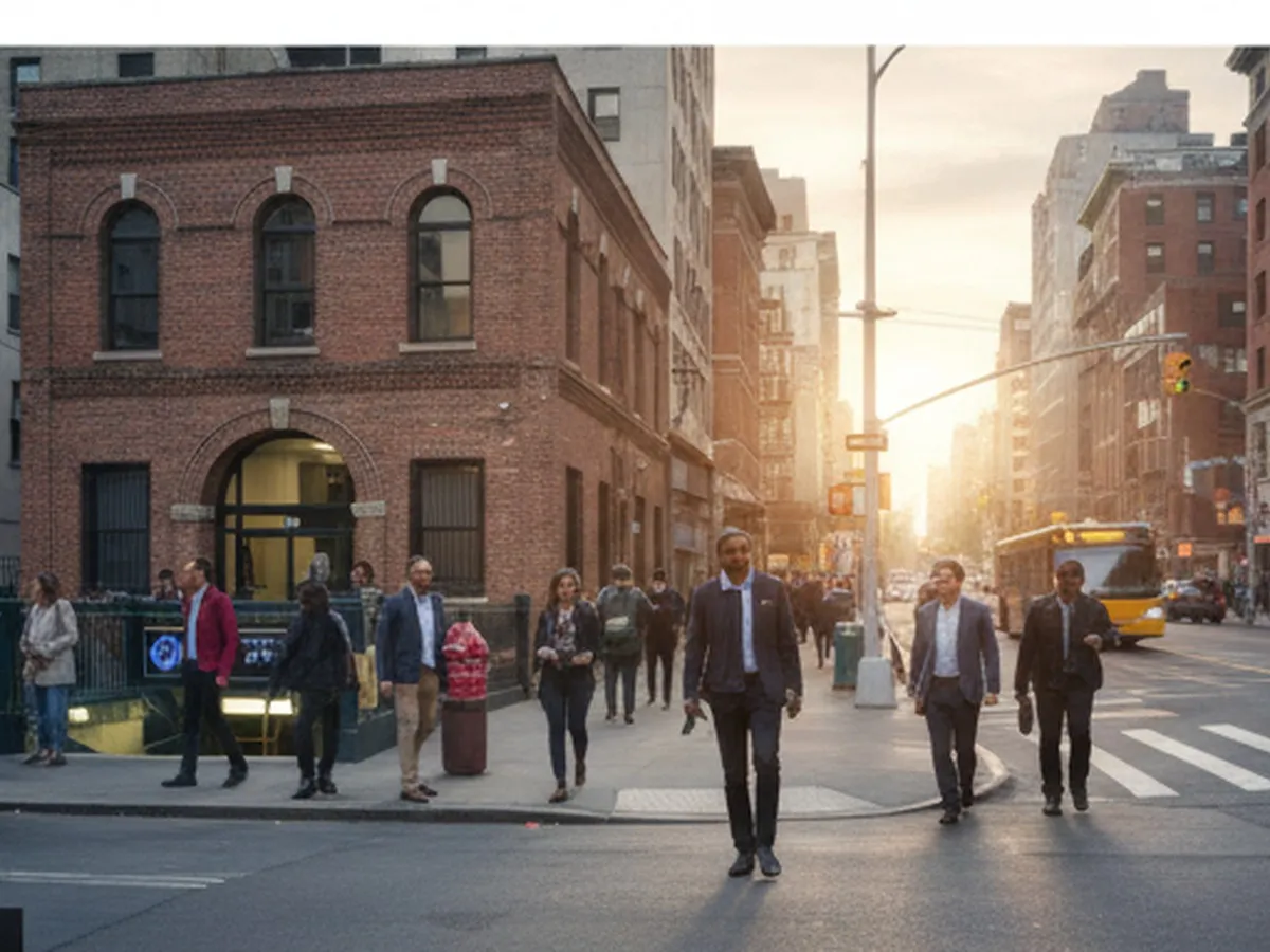 Cover: Early morning at a busy downtown Brooklyn subway entrance, commuters in casual office wear emerging from the station, City Hall and municipal office buildings in the background, soft natural light, photorealistic street-level perspective.