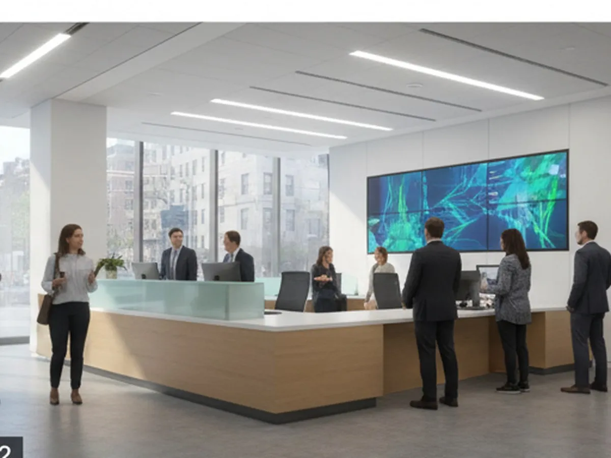 Inline one: Interior of a modern NYC government office lobby near a subway hub, diverse city workers checking in at an information desk, digital signage in the background, bright overhead lighting, realistic architectural details.
