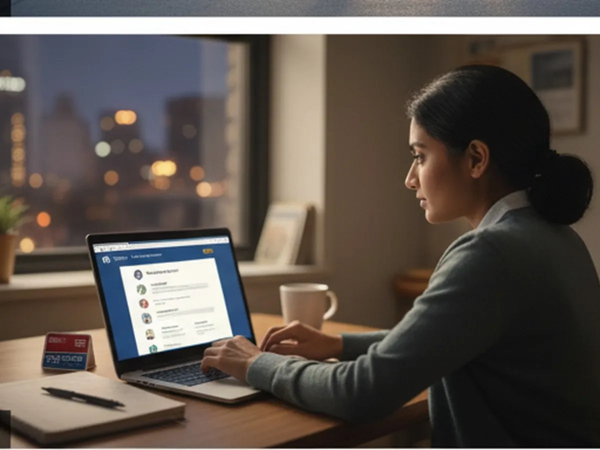 Inline two: Close-up of a city employee sitting at a kitchen table in a Queens apartment, laptop open to a generic self-service portal screen, MetroCard and notepad beside them, nighttime city lights visible through the window, photorealistic detail.