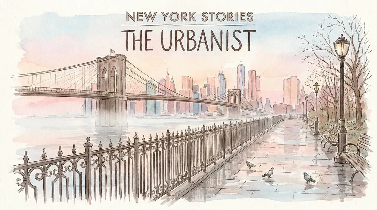Hero — the Brooklyn Heights Promenade at first light, the wrought-iron railings receding toward the Brooklyn Bridge, with the Lower Manhattan skyline catching pink light across the East River