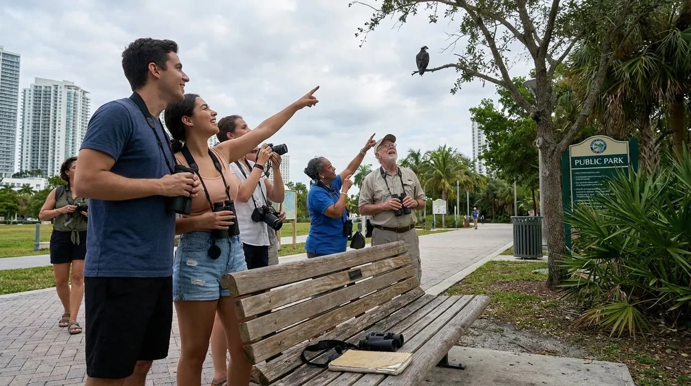 Jackie the Eagle: Free Miami Birdwatching Stops for Beginners — photorealistic Miami editorial scene