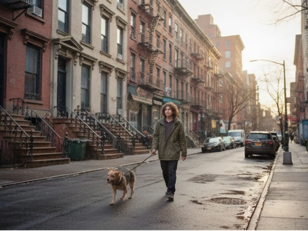 Sunlit NYC streetscape in Brooklyn with a young adult walking a mixed‑breed dog past brownstone stoops and small storefronts, shallow depth of field, early afternoon light, photorealistic editorial style.