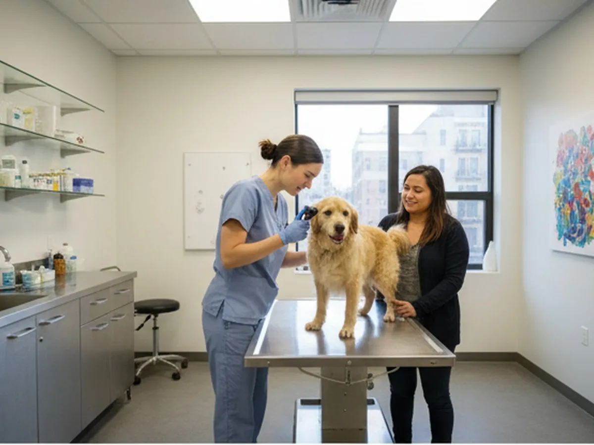 Inside a modern, clean veterinary clinic in Queens, a veterinarian in neutral scrubs gently examining a calm medium-size dog on an exam table, diverse owner standing nearby, soft overhead lighting, photorealistic editorial style.