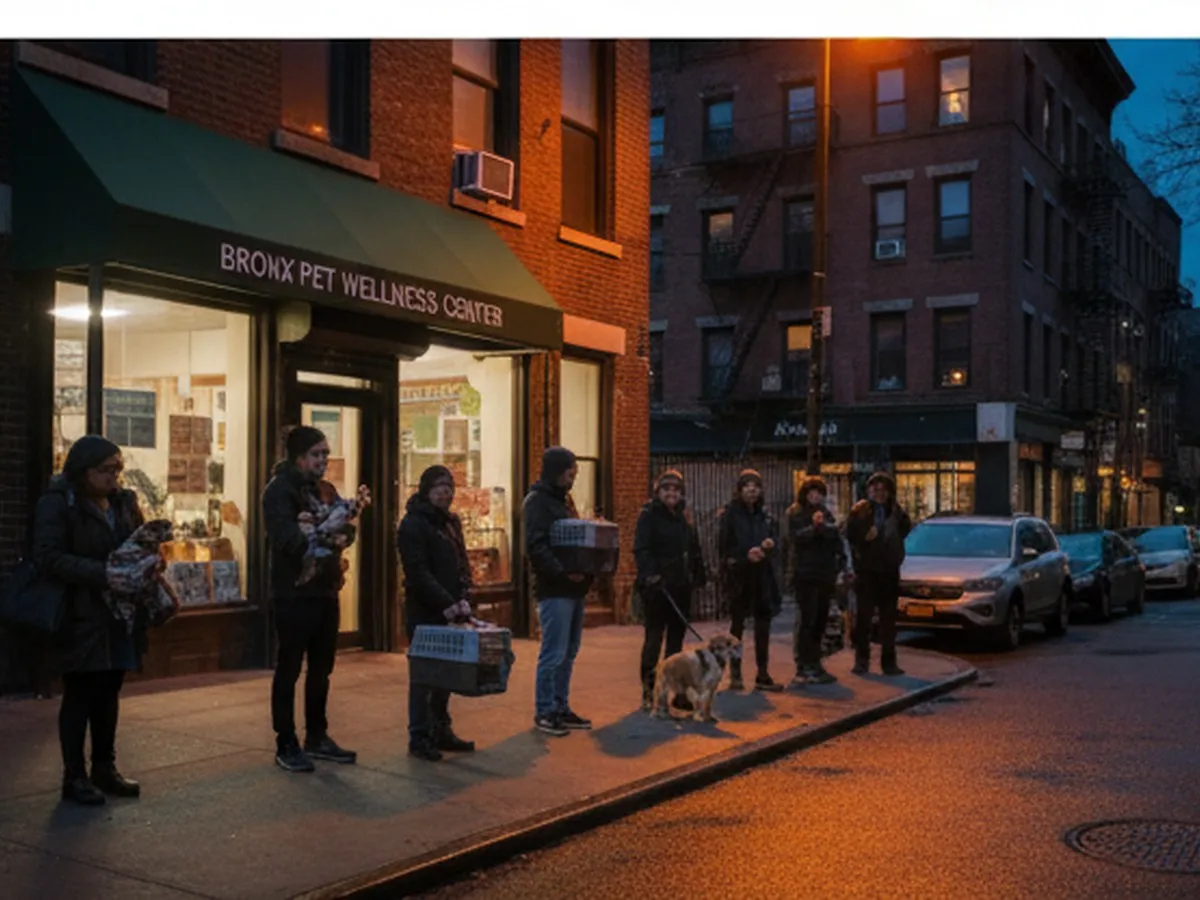 Evening scene outside a community animal clinic in the Bronx, people with carriers and leashed cats and dogs waiting in a short line, warm streetlights, urban background with apartment buildings, photorealistic editorial style.