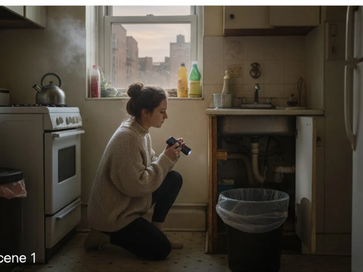 Photorealistic editorial photo of a young NYC tenant in a compact apartment kitchen at dawn, inspecting a sink cabinet with a flashlight, a trash bin lined and sealed nearby, muted city light through a window, realistic details, no logos or readable text.