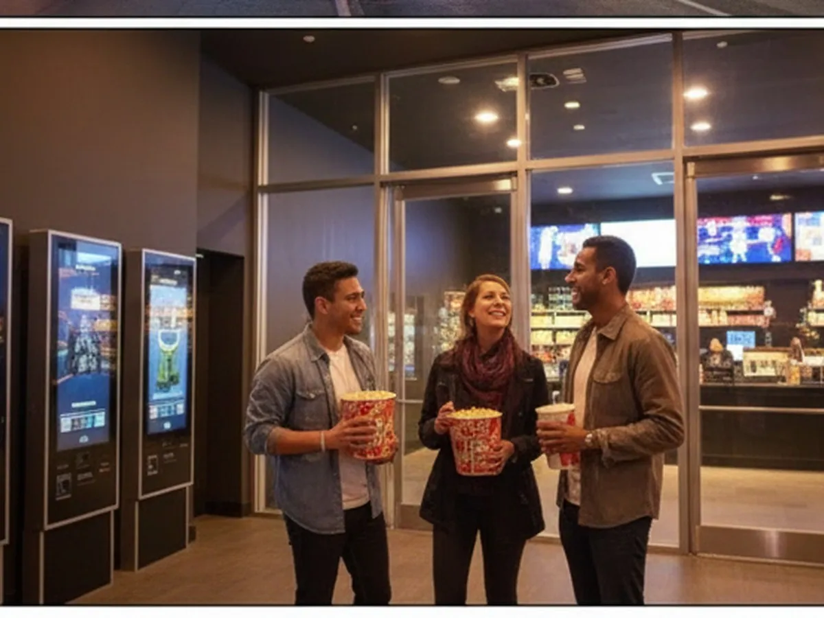 Evening interior of a modern Queens movie theater lobby with ticket kiosks, concession stand, diverse group of friends chatting and holding popcorn, and a subtle glimpse of subway stairs just outside the glass doors.
