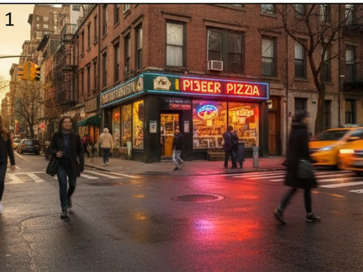 Golden-hour street scene in Greenwich Village with people walking past a classic corner pizzeria, neon window glow, thin slices visible behind glass, and yellow cabs streaking by on a slightly wet sidewalk.