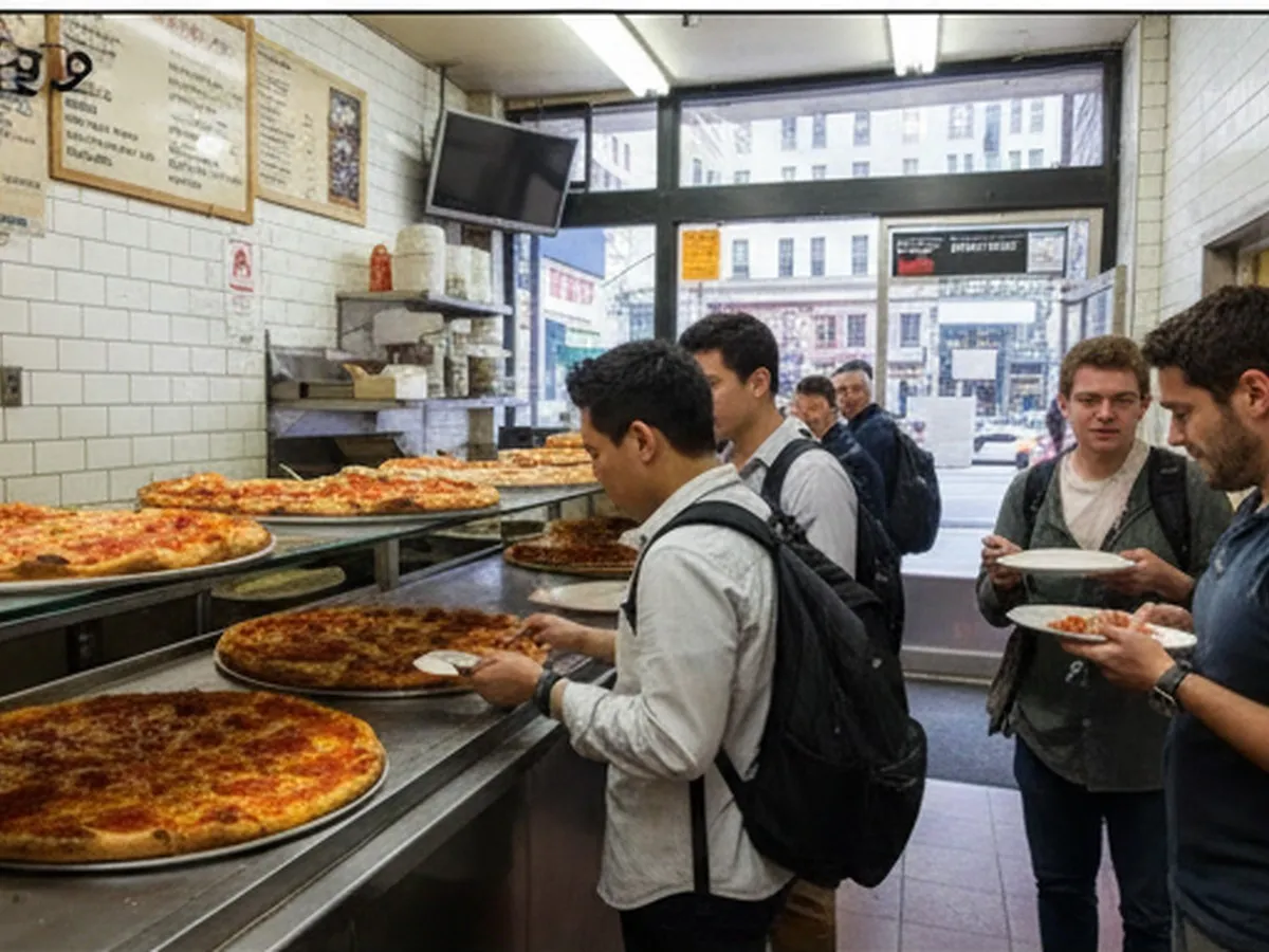 Inside a busy Brooklyn slice shop at lunchtime, photorealistic counter with large cheese and pepperoni pies, diverse young adults grabbing paper plates, subway tiles on the wall, and a glimpse of the subway entrance through the front window.