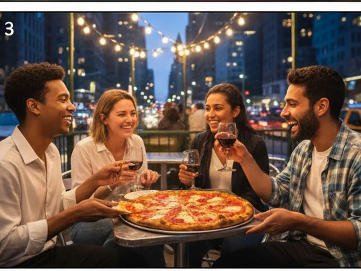Evening scene in Manhattan showing friends at an outdoor table sharing a whole Neapolitan-style pizza, warm string lights overhead, metal chairs on the sidewalk, and blurred city traffic and buildings in the background.
