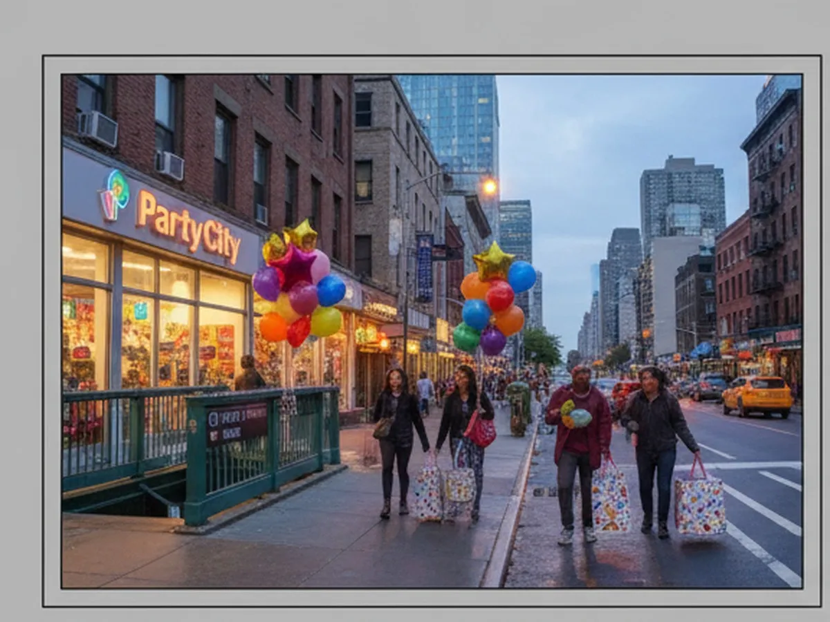 Twilight street scene in Queens showing a busy commercial avenue with a Party City storefront glowing inside, people stepping out with colorful balloons and shopping bags, and a subway entrance in the foreground, all in natural, photorealistic style.