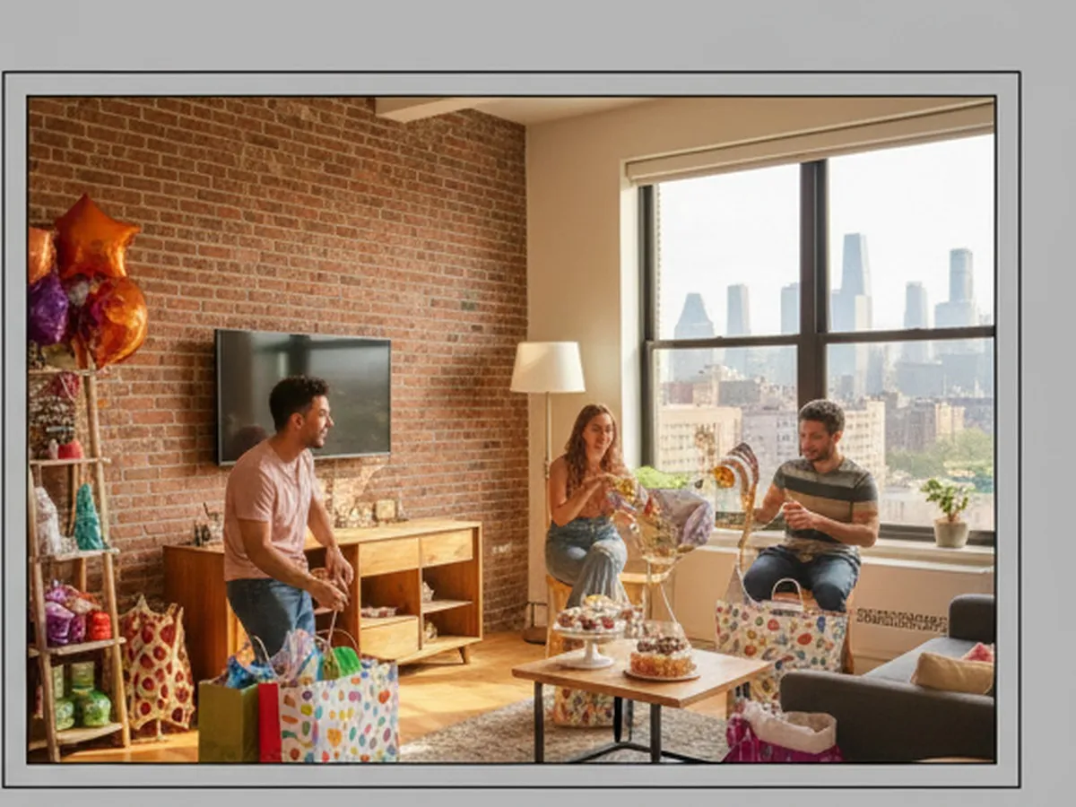 Daytime interior of a New York City apartment with exposed brick and a skyline view, where a group of friends in their 20s are unpacking Party City bags, assembling decorations, inflating balloons, and setting up a dessert table, captured in warm, realistic lighting.
