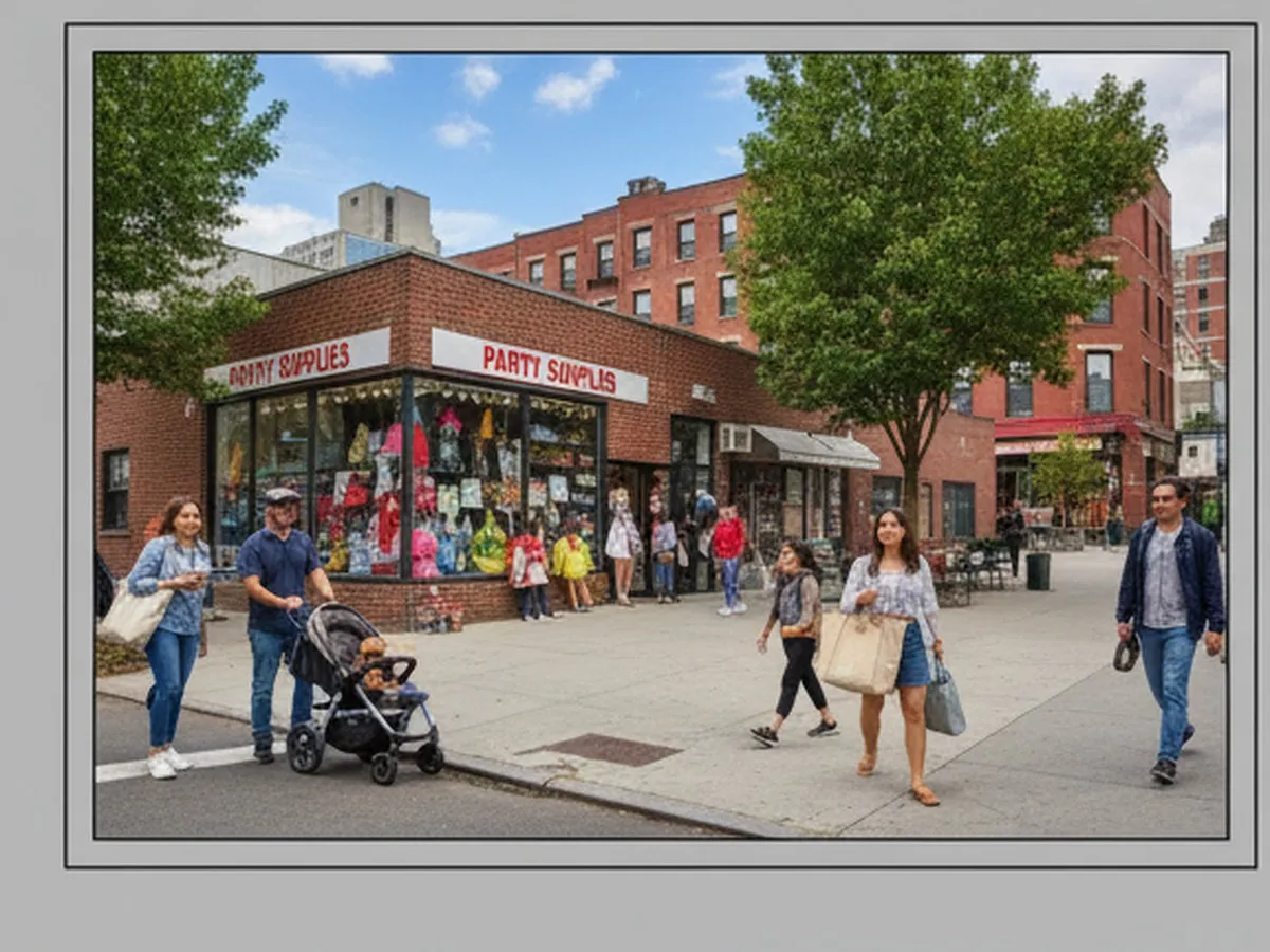 Weekend afternoon in Brooklyn on a mixed residential-commercial block, with a city bus passing a low-rise strip that includes a party supply store window full of costumes and decorations, pedestrians with strollers and tote bags, and trees lining the sidewalk, rendered photorealistically.