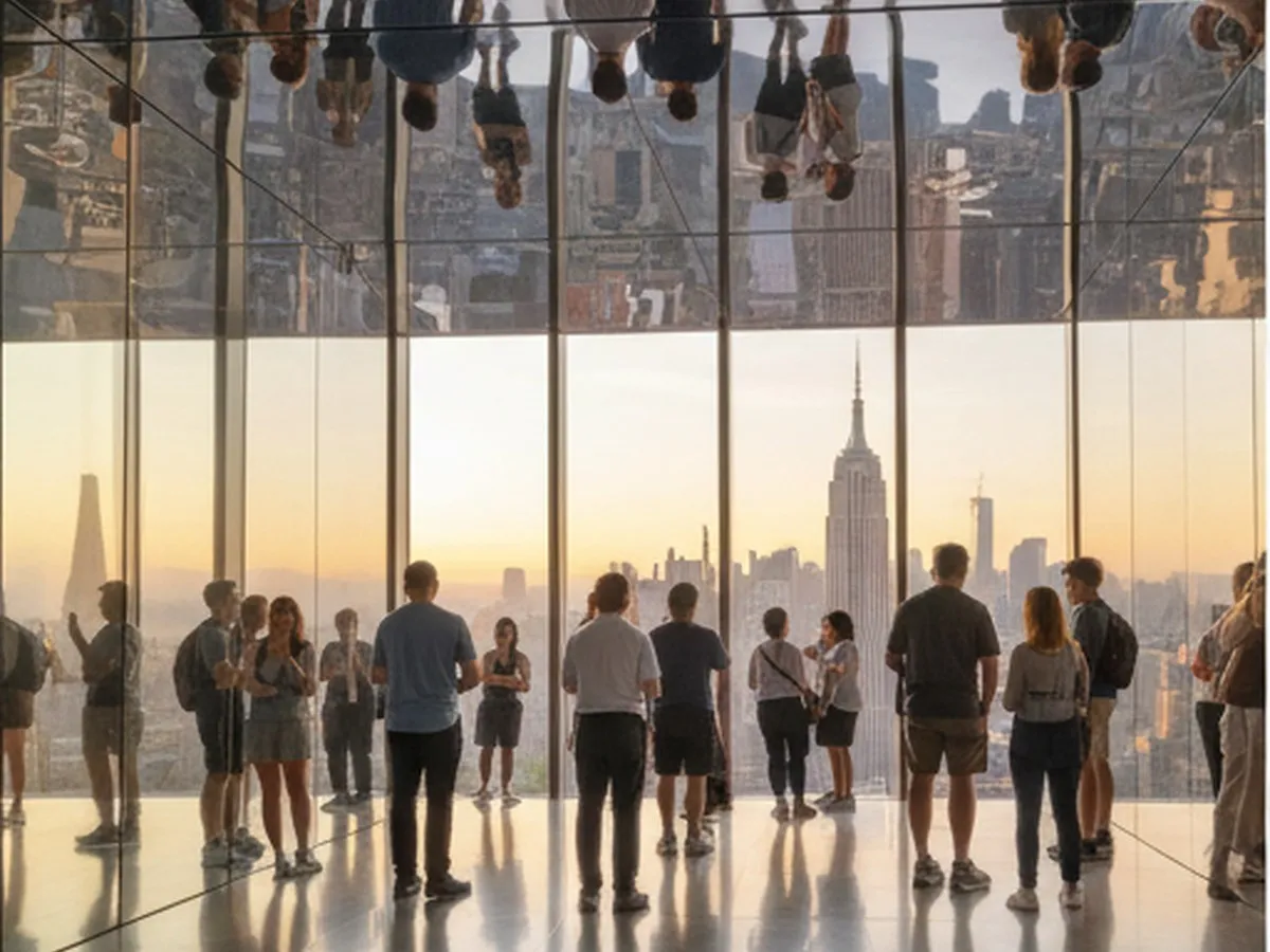 Golden-hour cover shot from inside Summit One Vanderbilt’s mirrored ‘Air’ installation, with a diverse group of visitors looking out toward the Empire State Building and Lower Manhattan through floor‑to‑ceiling windows, reflections bouncing across the room, and soft summer light washing over the Midtown skyline.
