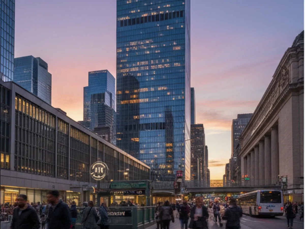 Twilight exterior street-level view at the base of One Vanderbilt beside Grand Central Terminal, commuters and visitors moving along Vanderbilt Avenue, entry signage for Summit subtly visible, subway entrance and MTA bus in the scene, and the skyscraper’s upper floors glowing as the sun sets.