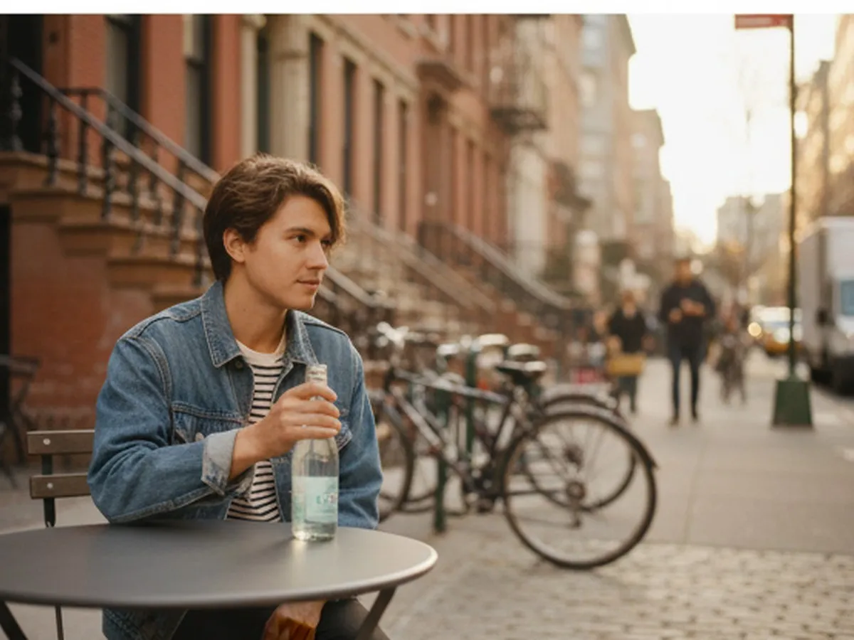 Golden-hour street-level shot in Williamsburg, Brooklyn: a young adult holding a clear glass bottle of sparkling mineral water at an outdoor café table, with brownstone stoops, bike racks, and subtle city traffic in soft focus behind them; warm, realistic lighting and no visible logos or text.
