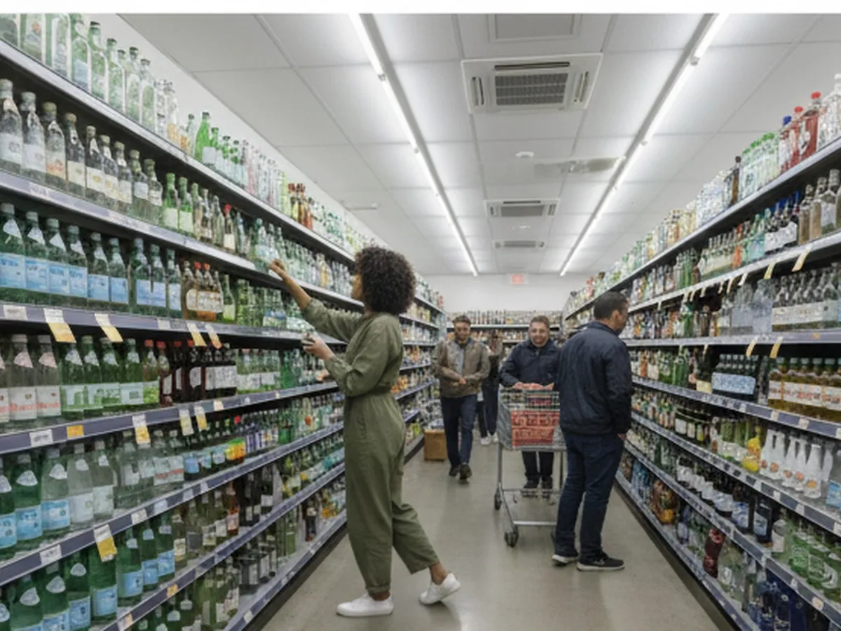 Bright, photorealistic interior of a modern NYC grocery aisle: rows of sparkling water bottles on metal shelves, a shopper in casual clothes reaching toward a glass bottle, and overhead signage blurred enough to avoid readable text; fluorescent but natural-looking light and diverse customers in the background.