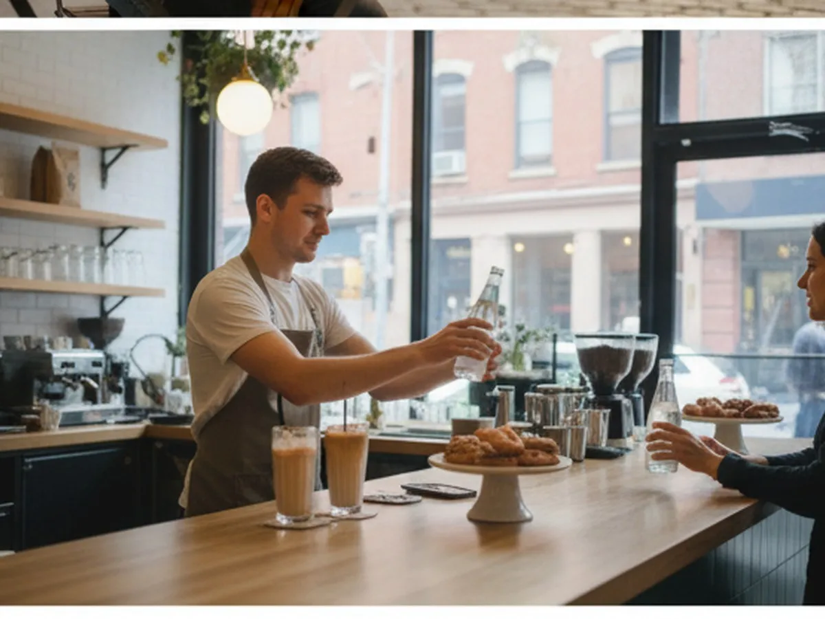 Daytime scene inside a cozy New York coffee shop: barista handing a chilled glass bottle of sparkling water across a wooden counter next to an iced latte and pastry display; large windows revealing a city streetscape with pedestrians and parked bikes, all rendered in realistic detail without logos or text.