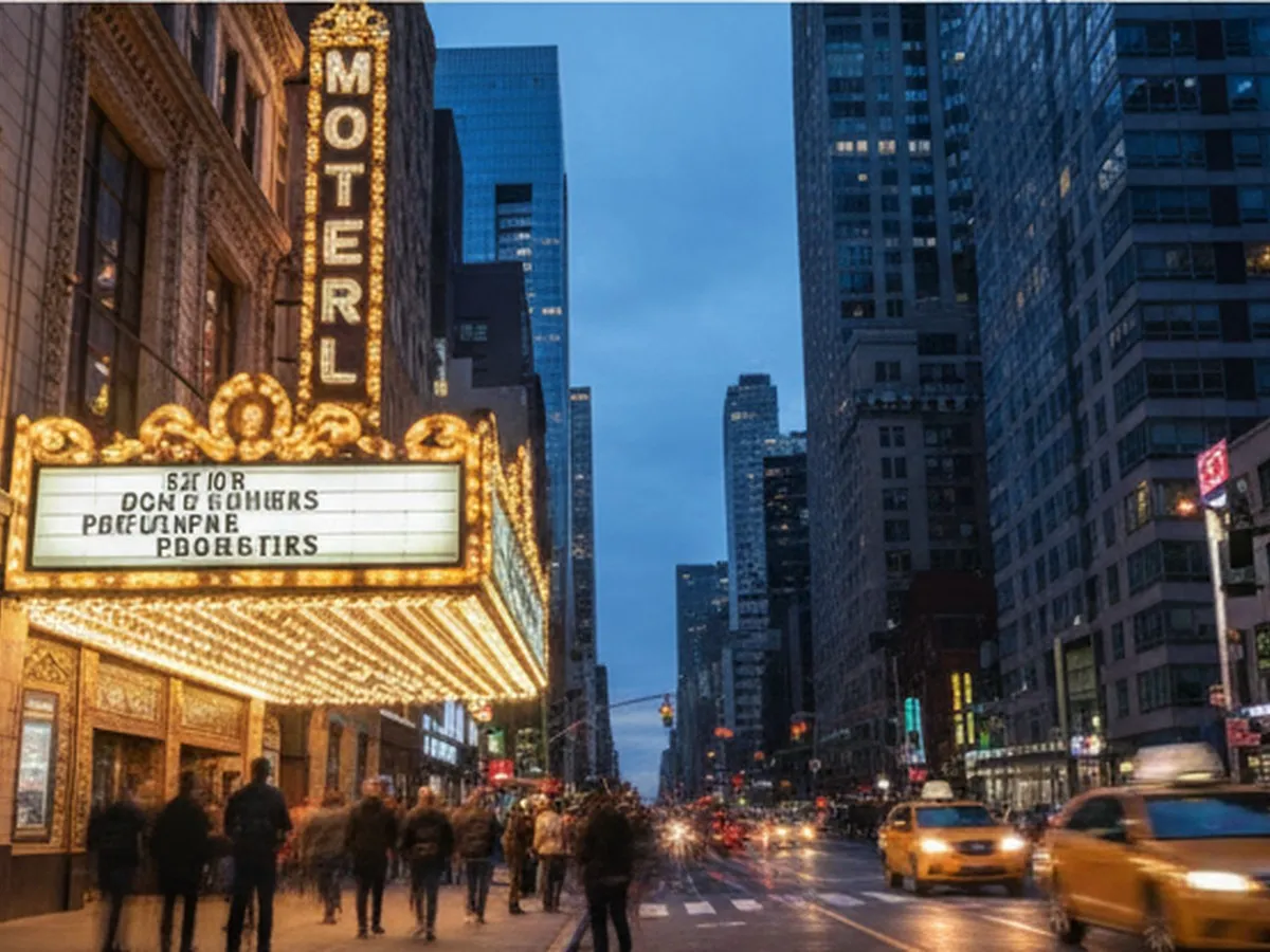 Twilight street view of a busy NYC avenue with pedestrians and yellow cabs passing in front of a classic movie theater marquee glowing with lights, modern glass high-rises in the background, captured in crisp, photorealistic detail.