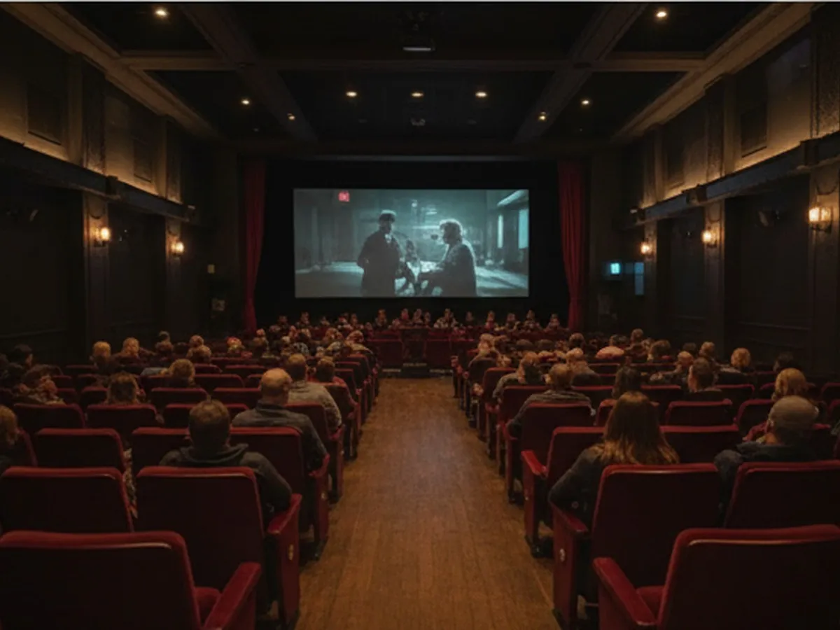 Interior of a dimly lit independent NYC cinema with rows of plush red seats, a large screen showing a dramatic scene, and a diverse audience absorbed in the film, photographed in realistic detail from mid-aisle.