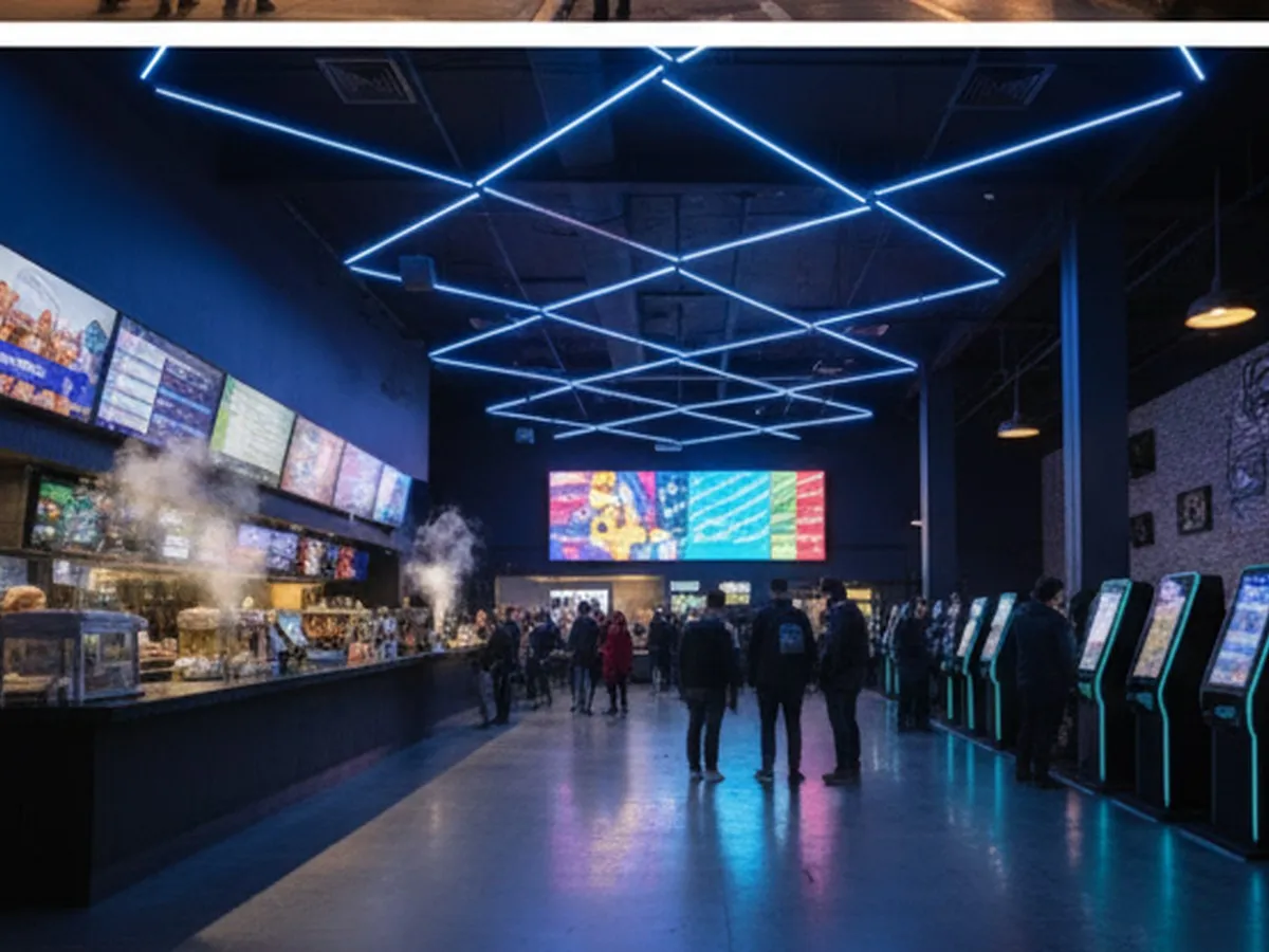 Wide-angle, photorealistic shot of a premium NYC multiplex lobby with towering ceilings, neon accent lighting, concession stands, and people lined up at digital ticket kiosks, giving a lively, contemporary city-night atmosphere.