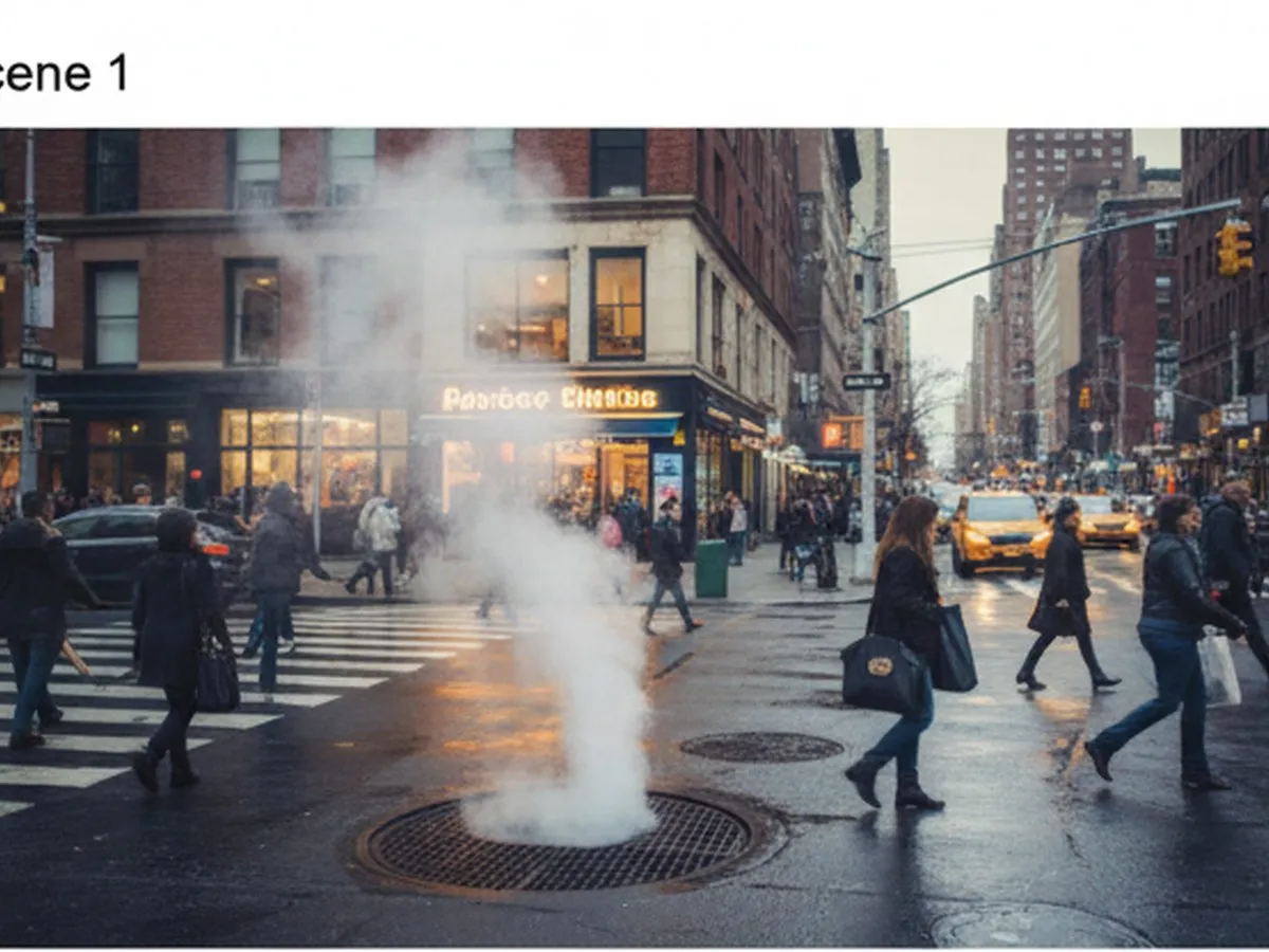 Predawn NYC street scene in Manhattan with soft golden light reflecting on wet pavement, a busy corner with pedestrians in light jackets, steam rising from a subway grate, and a generic fast-food storefront glowing warmly without visible logos or text, shot at eye level.