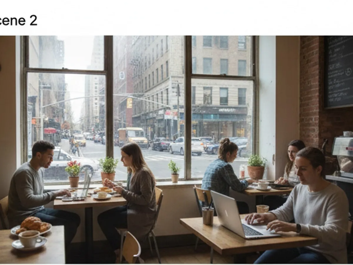 Cozy interior of a casual NYC café-style setting with large windows showing a busy avenue, diverse young adults sitting alone at small tables with coffee and breakfast items, muted branding, and no readable packaging, captured in natural morning light.