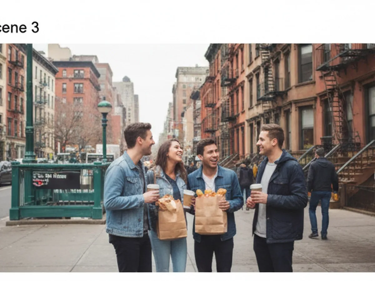 Bustling urban sidewalk near a subway entrance in Brooklyn with a small group of friends laughing and holding takeaway coffee and breakfast bags, brownstone buildings in the background, overcast morning light, and no visible logos or uniform details.