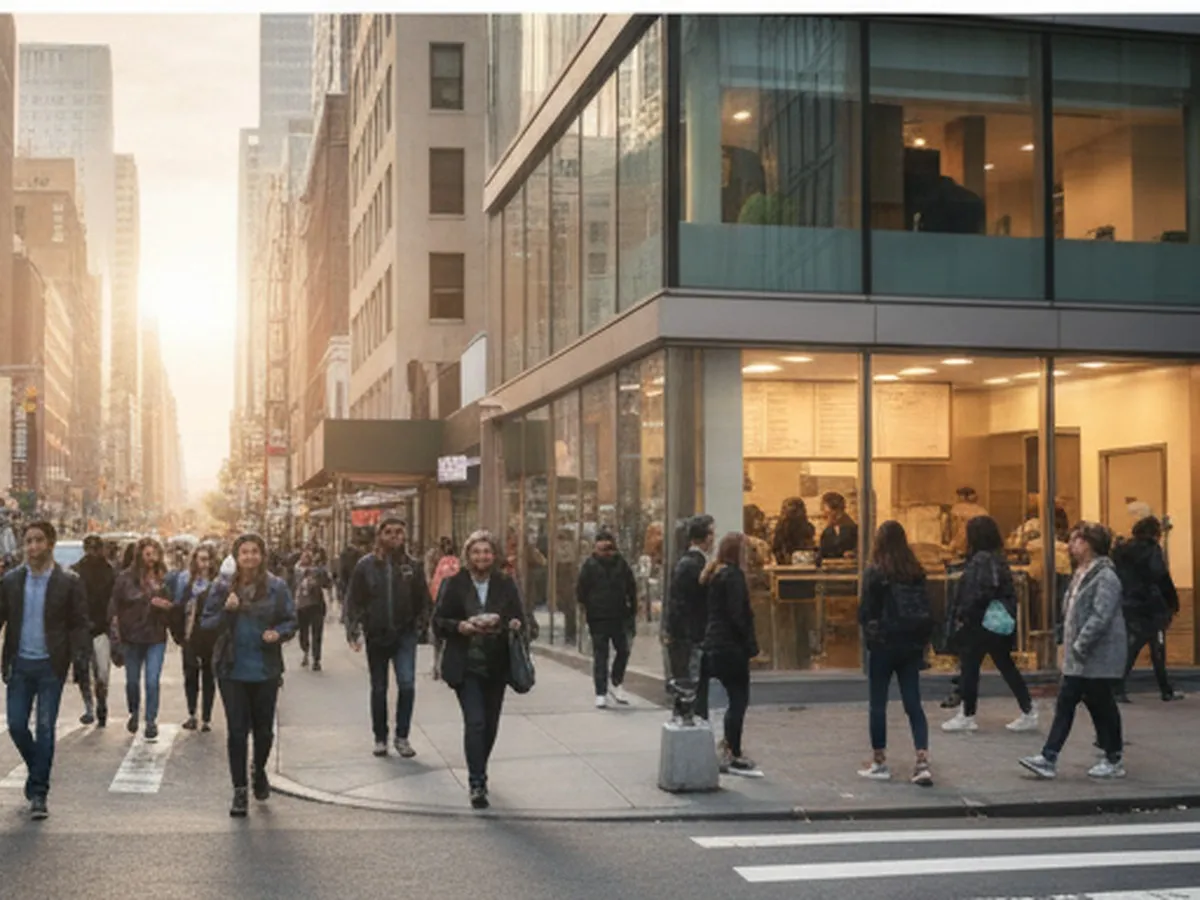 Cover photo: Early morning street-level view of a busy New York City avenue with soft sunrise light reflecting off glass buildings, commuters in casual workwear walking past, and a generic fast-food storefront with warm interior lighting and people at the counter, no logos or readable branding.