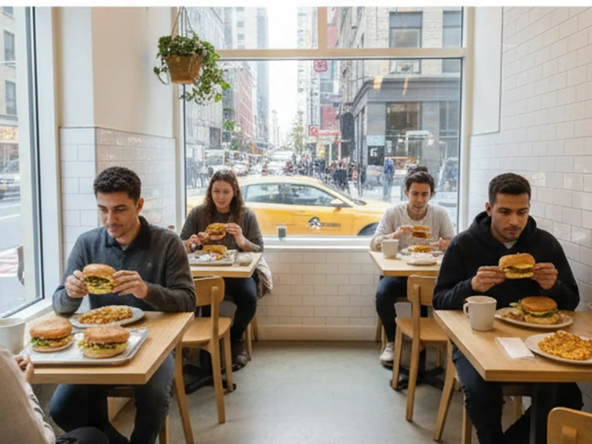 Inline photo 1: Interior of a bright, modern fast-casual restaurant in Manhattan with large windows, diverse young adults seated at small tables, trays with breakfast sandwiches, coffee cups, and hash browns on the tables, and a city streetscape visible outside, no identifiable logos or text.