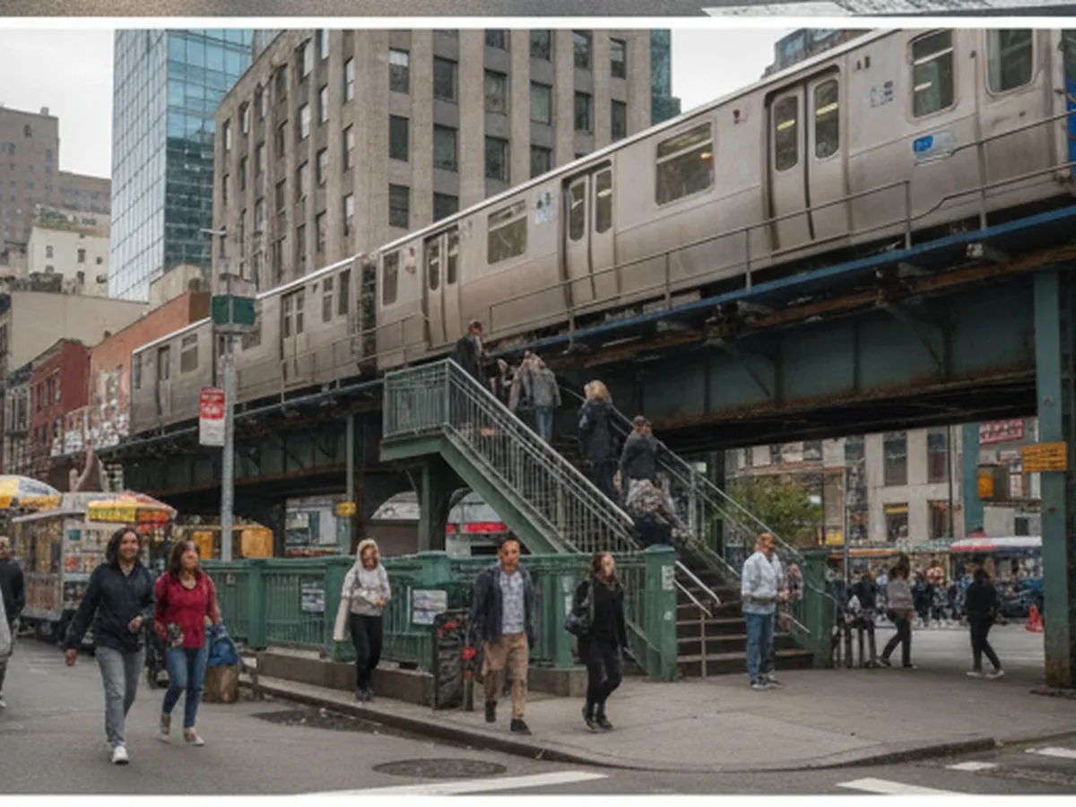 Inline photo 2: A Queens neighborhood street near an elevated subway line during morning rush, train passing overhead, people exiting the station, and a generic corner restaurant with customers grabbing coffee and takeout bags, no branded uniforms or signage.